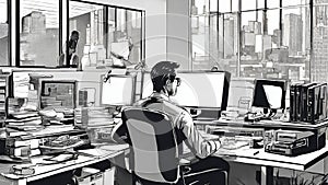 People working in an office in front of a computer screen