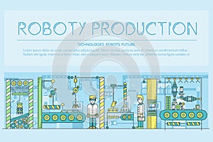 People working on robots assembly line vector outline concept. Robotic production thin line illustration. Banner with
