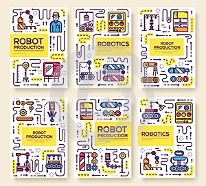 People working on robots assembly thin line set. Robotic production linear template of flyear, magazines, posters, boo