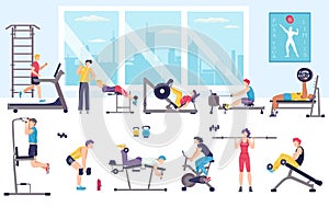 People workout in gym vector illustration, cartoon flat man woman characters doing sport exercises, fitness activity