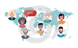 People on world map chat bubbles global communication teamwork connection concept avatar mix race man woman faces flat horizontal