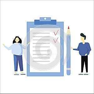 People writing something with a pen on a checklist note paper. Modern style, vector, design illustrations. Business