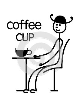 A man in a hat at a cafe table with a cup of coffee. Vector drawing.