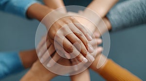 Diverse hands stacking together, symbolizing unity, teamwork, and strong support in a collaborative group