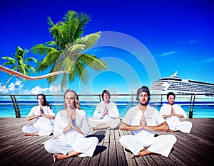 People Yoga Meditation Beach Nature Peaceful Concept