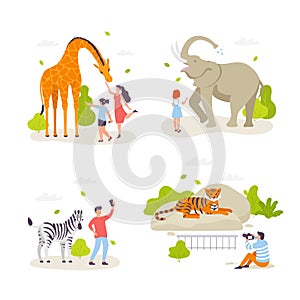 People in the zoo looking at animals and acting with them. Cute wild animals, cheerful people, children cartoon