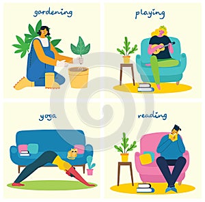 Peoples hobbies variety. Playing guitar, gardening, yoga and reading books vector illustration