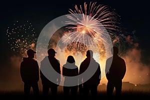 Peoples in silhouette enjoy watching amazing firework show in a festival or holiday