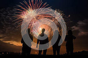 Peoples in silhouette enjoy watching amazing firework show in a festival or holiday