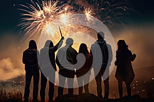 Peoples in silhouette enjoy watching amazing firework show in a festival or holiday