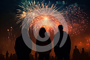 Peoples in silhouette enjoy watching amazing firework show in a festival or holiday