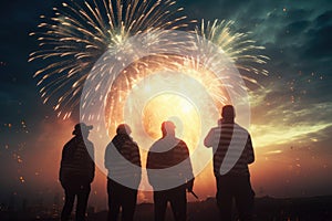 Peoples in silhouette enjoy watching amazing firework show in a festival or holiday