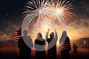 Peoples in silhouette enjoy watching amazing firework show in a festival or holiday