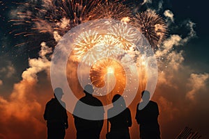 Peoples in silhouette enjoy watching amazing firework show in a festival or holiday