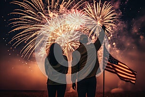 Peoples in silhouette enjoy watching amazing firework show in a festival or holiday