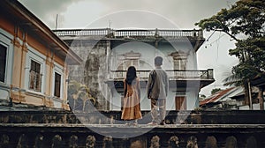 peoples standing infront of a old south indian architecture house back. Generative AI