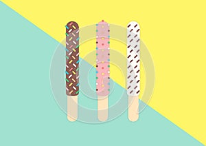 Pepero breadstick dipped chocolate with rainbow sparkles on pastel background