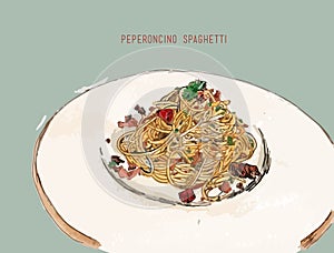 Peperoncino spaghetti Hand drawn sketch water color . photo
