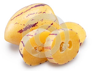 Pepino melon or pepino dulce and sliced fruit isolated on white background. Clipping path photo