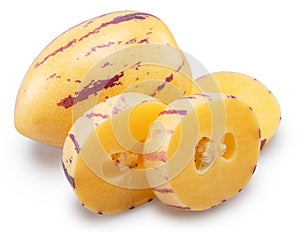 Pepino melon or pepino dulce and sliced fruit isolated on white background. Clipping path