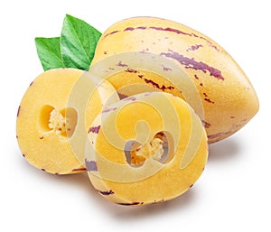 Pepino melon or pepino dulce and sliced fruit isolated on white background. File contains clipping paths