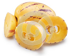 Pepino melon or pepino dulce and sliced fruit isolated on white background. File contains clipping paths