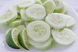 Pepinos, Slices of pepinos, Slices of cucumbers and lemon, mexican snack