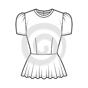 Peplum blouse technical fashion illustration with puff short cap sleeves, scoop neck, fitted body. Flat apparel shirt