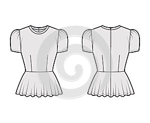 Peplum blouse technical fashion illustration with puff short cap sleeves, scoop neck, fitted body. Flat apparel shirt