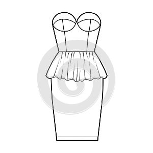 Peplum bustier dress technical fashion illustration with strapless, cups, fitted body, knee length skirt. Flat garment