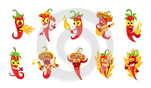 Pepper character set. Very spicy food. Burns in a flame. Cayenne chili red hot pepper. Devil with pitchfork.