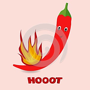 Cute red pepper character with a flame on it and the word hoot photo