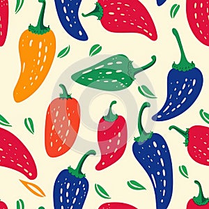 Pepper. Colorful cute screen printing effect. Riso print effect. Seamless pattern