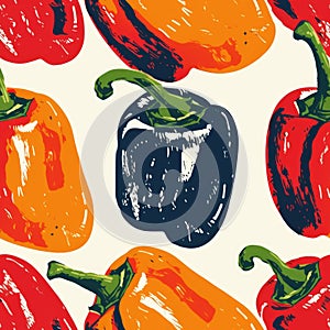 Pepper. Colorful cute screen printing effect. Riso print effect. Seamless pattern