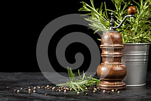 Pepper grinder on dark background