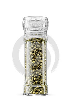 Pepper grinder. Green peppercorn mill isolated on a white background