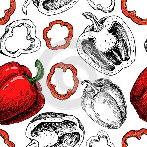 Pepper hand drawn vector seamless pattern. Vegetable engraved artistic style object