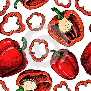 Pepper hand drawn vector seamless pattern. Vegetable red artistic style object, full, half and slices