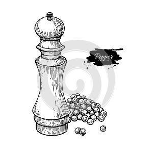 Pepper mill with heap of peppercorn vector drawing. Seasoning and spice grinder sketch.