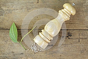 Pepper mill and leaves on wooden