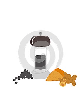 Pepper mill or pepper grinder with pile of black peppercorns and tumeric powder