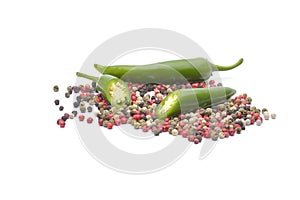 The Pepper and pepper spice on white background