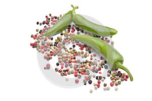 The Pepper and pepper spice on white background