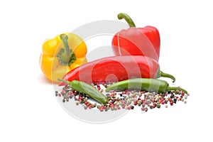 Pepper and pepper spice on white background