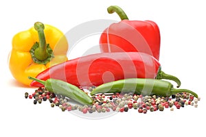 Pepper and pepper spice on white background