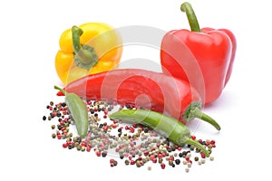 The Pepper and pepper spice on white background