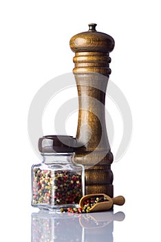 Pepper and Peppercorn with mill on White