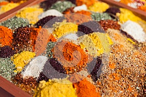 Pepper powder herbal spice condiment ingredients at food market