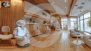 Pepper the robot stands in the middle of a bookstore looking at the camera