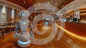 Pepper the robot stands in the middle of a bookstore looking at the camera photo
